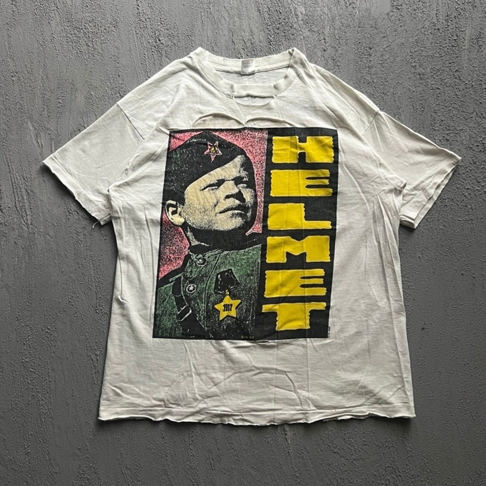 Vintage Helmet Shirt XL White 1990s Meantime USA Distressed